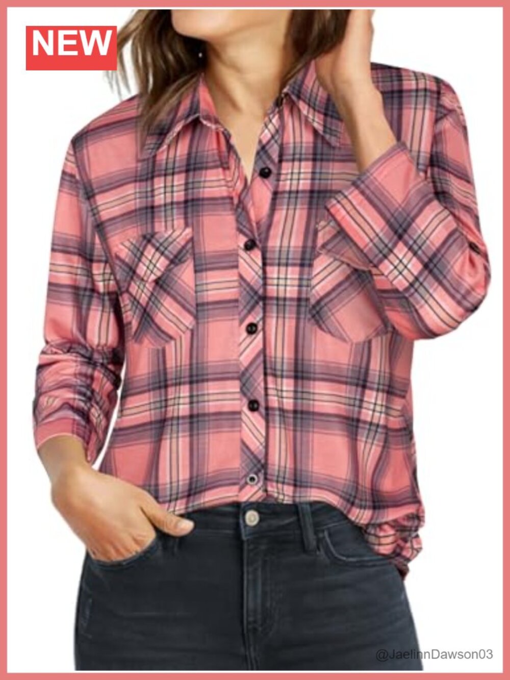 Women's Plaid Button Down Shirt 3/4 Sleeve Collared Tunic Blouse